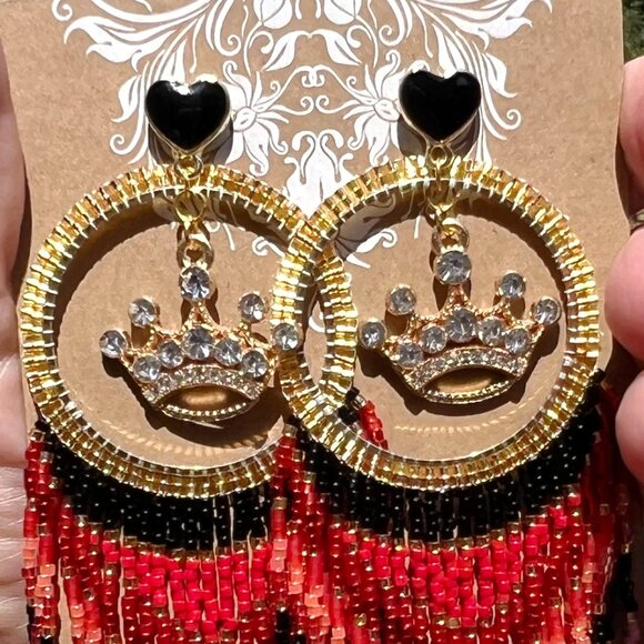 Handmade Beaded Queen Long Fringe Dangle Drop Lightweight Post Hoop Earrings - Picture 4 of 10